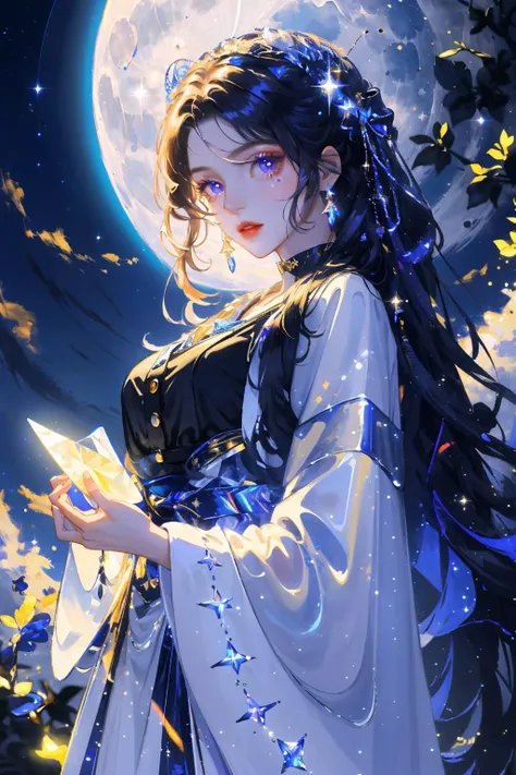 masterpiece,best quality,highres,1girl,<lora:fashigirl-v6-nai:1>,look_at_viewer,tall,perfect stature,liuli,<>,chromatic dispersion,tansparent_plastic,Polychromatic prism effect,iridescence/opalescence,glowing colors,aluminum foil,Glowing ambiance,moonlight,stars in the eyes,[<lora:fairycore:0.3>],