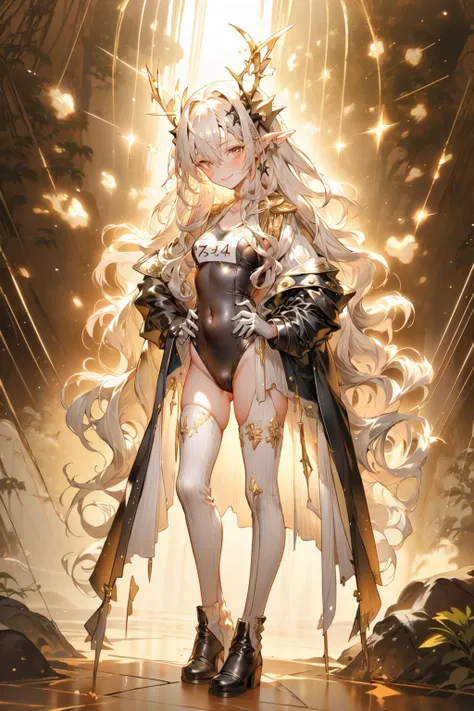 <lora:fairycore:1>, 1girl, solo, virtual youtuber, swimsuit, school swimsuit, gloves, elbow gloves, one-piece swimsuit, long hair, horns, thighhighs, striped, white gloves, tail, hands on , boots, pointy ears, simple background, white background, old school swimsuit, demon tail, demon horns, epaulettes, jacket, single thighhigh, smile, full body, closed mouth, demon girl, hair between eyes, blush, jacket on shoulders, curled horns, bangs, looking at viewer, name tag, standing, very long hair, striped thighhighs, grey hair, bandaid on leg, blue one-piece swimsuit, brown eyes, black footwear, bandaid, bandaid on knee, asymmetrical legwear, covered navel, red horns, coat, thighhighs under boots, black jacket, bracelet