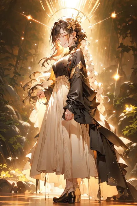<lora:fairycore:1>, 1girl, virtual youtuber, skirt, solo, braid, green sweater, long hair, sweater, full body, orange eyes, breasts, ribbed sweater, hair ornament, black hair, white background, black footwear, shawl, looking at viewer, large breasts, single braid, simple background, standing, long braid, black skirt, smile, hairclip, closed mouth, long sleeves, turtleneck, long skirt, multicolored hair, tachi-e, straight-on