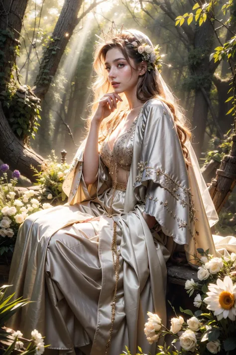 (realistic:1.3), finely detailed, quality, rembrandt lighting, (masterpiece:1.2), (photorealistic:1.2), (best quality), (detailed skin:1.3), (intricate details), dramatic, ray tracing, 1girl, french girl, 21 years old, detailed skin texture, (blush:0.5), (goosebumps:0.5), subsurface scattering, smiling, , robe, flowers, nature, full body, <lora:fairycore:0.7>