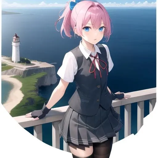 ((masterpiece)),(best quality),official art,extremely detailed CG,unity 8k wallpaper,ultra detailed,A lighthouse on a cliff by the sea,1girl,solo,cowboy shot,neck_ribbon,red_ribbon,pink_hair,blue_eyes,fingerless_gloves,bike_shorts,pleated_skirt,ponytail,white_shirt,school_uniform,black_gloves,short_sleeves,grey_skirt,short_hair,dress_shirt,shorts_under_skirt,grey_vest,collared_shirt,<lora:Shiranui(kan)>,