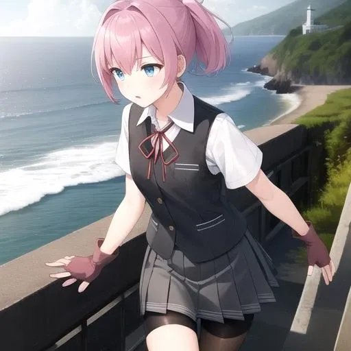 ((masterpiece)),(best quality),official art,extremely detailed CG,unity 8k wallpaper,ultra detailed,A lighthouse on a cliff by the sea,1girl,solo,cowboy shot,neck_ribbon,red_ribbon,pink_hair,blue_eyes,fingerless_gloves,bike_shorts,pleated_skirt,ponytail,white_shirt,school_uniform,black_gloves,short_sleeves,grey_skirt,short_hair,dress_shirt,shorts_under_skirt,grey_vest,collared_shirt,<lora:Shiranui(kan)>,