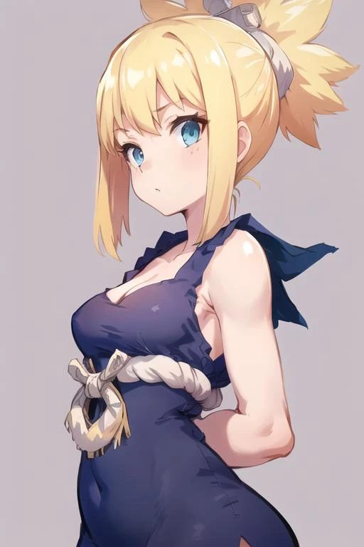 upper body, 1girl, sleeveless dress, cleavage, arms behind back, kohaku, blonde hair, blue eyes, small breasts, solo, wide hips, standing, <lora:kohaku-05:0.75> , simple background