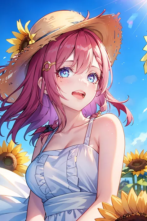 1girl, asta \(honkai: star rail\), hairpin, sundress, sunflower, straw hat, laughing, looking at viewer, wind, floating hair, windmill, depth of field, (extremely detailed CG unity 8k wallpaper,masterpiece, best quality, ultra-detailed, beautiful detailed eyes:1.2)