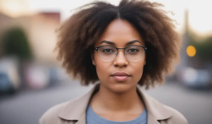 <lora:PAseer-SDXL-LCM+Turbo:1>, Portrait of serious african american female with curly hair and eyeglasses looking at camera while standing on street with blurred background, film, bokeh, cinematic look, minimalistic, warm atmosphere, daylight, professional color grading, simple look, unedited photography, natural, unassuming, simple style, award-winning, stunning