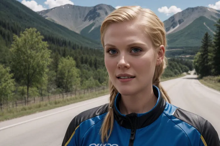 high quality image of janetvarney janet varney <lora:janetvarney:0.8>
blue eyes
blond hair, ponytail, closed mouth
riding a bike in the mountains