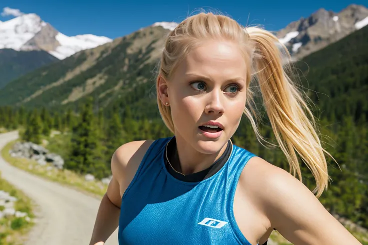 high quality image of janetvarney janet varney  <lora:janetvarney_v2:0.8>
blue eyes
blond hair, ponytail, (closed mouth:1.2)
running in the mountains, running clothes