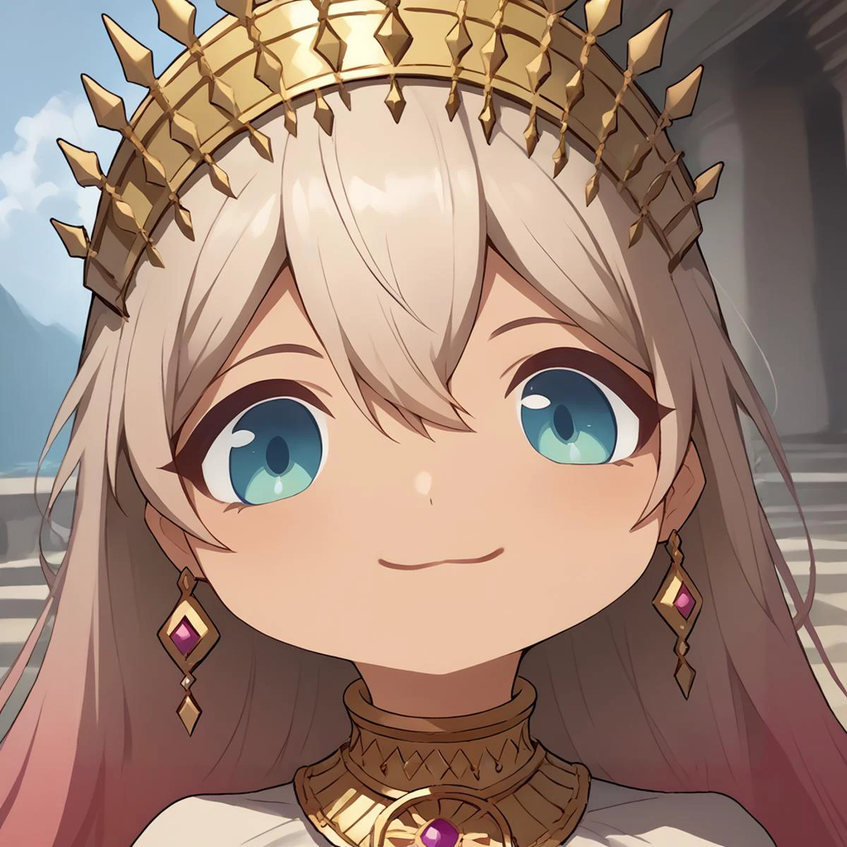 score_9, score_8_up, score_7_up, source_anime, solo, 1girl, ftznb, mutsukiface, tan, chibi, portrait, smile, closed mouth, hair between eyes, gradient hair, very long hair, crown, earrings, neck ring <lora:meme_mutsukiface_ponyXL:1> <lora:Hoseki_Fate_Zenobia_PDXL_v1:1>