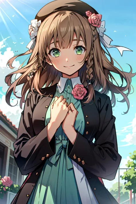 (masterpiece, best quality)
HeroineAmnesiaAnime, 1girl, solo, long hair, looking at viewer, smile, bangs, brown hair, shirt, hair ornament, long sleeves, hat, dress, ribbon, closed mouth, green eyes, jacket, upper body, braid, flower, hair flower, hair bun, star (symbol), black headwear, rose, beret, pink flower, hat flower, pink rose
<lora:HeroineAmnesiaAnime:0.9>
