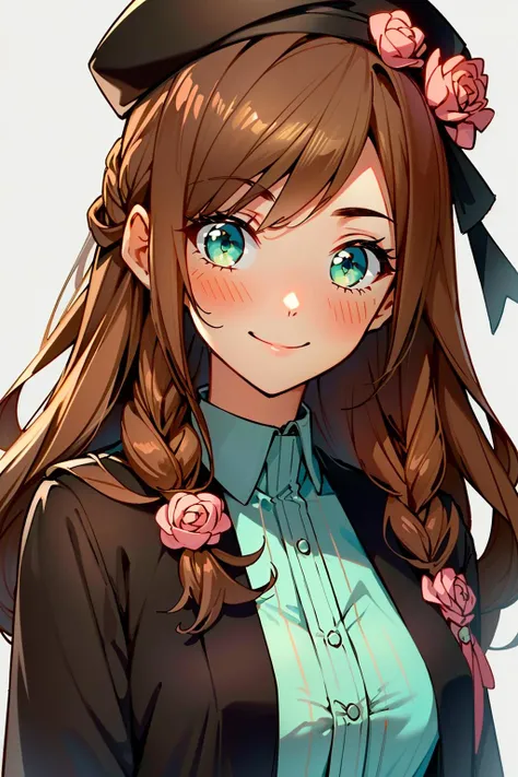 (masterpiece, best quality)
HeroineAmnesiaAnime, 1girl, solo, long hair, looking at viewer, smile, bangs, brown hair, hat, closed mouth, green eyes, upper body, braid, flower, medium hair, black headwear, rose, portrait, pink flower, red rose, pink rose <lora:HeroineAmnesiaAnime:0.8>