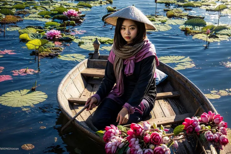 1girl, ultra high res,(realistic:1.3)), deep shadow,(best quality, masterpiece), pale skin, dimly lit, shade, highly detailed, depth of field, film grain, looking at viewer, (from above), boat,
<lora:dongthapmuoi-000010:0.7>, dongthapmuoi, river, lotus, bloom,, (masterpiece,best quality:1.5)