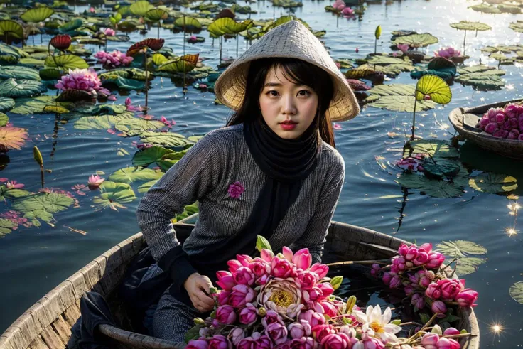 1girl,  ultra high res,(realistic:1.3)), deep shadow,(best quality, masterpiece), pale skin, dimly lit, shade, highly detailed, depth of field, film grain, looking at viewer, (from above), 
 <lora:dongthapmuoi-000010:0.7>, dongthapmuoi, river, lotus, bloom,, (masterpiece,best quality:1.5)