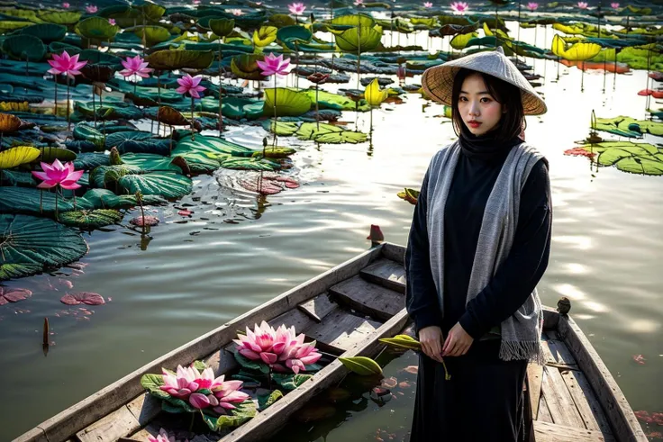 1girl, ultra high res,(realistic:1.3)), deep shadow,(best quality, masterpiece), pale skin, dimly lit, shade, highly detailed, (full body:1.2), depth of field, film grain, looking at viewer, scenery, far shot,
<lora:dongthapmuoi-000010:0.7>, dongthapmuoi, river, ((lotus)),, (masterpiece,best quality:1.5)
