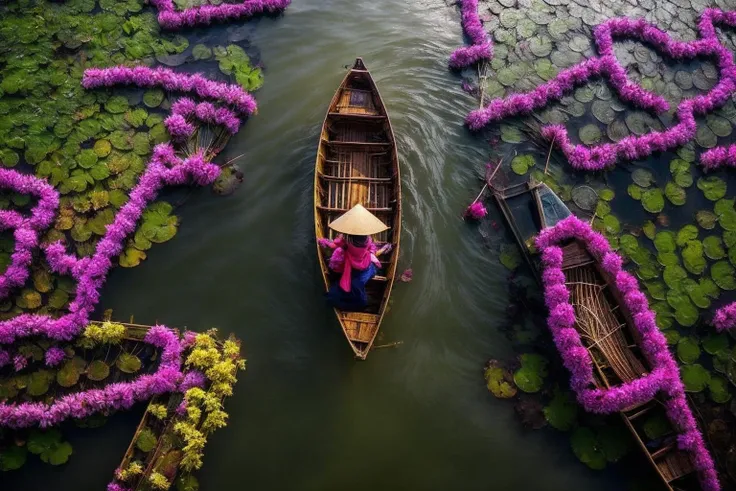 1girl, pale skin, looking at viewer, (from above), boat, <lora:DongThapMuoi-v1.0:0.7>, dongthapmuoi, river, lotus, bloom, realistic, (masterpiece:1.3), (best quality:1.3), beautiful, (intricate details), unity 8k wallpaper, ultra detailed, beautiful, aesthetic, perfect lighting, <lora:TEST:0.25>