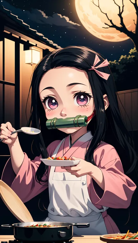 masterpiece, best quality, 1girl, <lora:kamado_nezuko_offset:0.8> kamado nezuko, bit gag, gagged, kimetsu no yaiba, chibi, night, cooking,