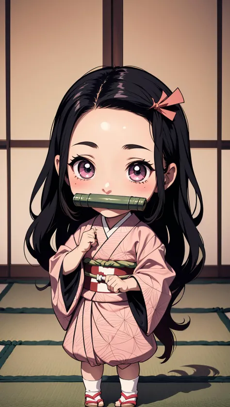 masterpiece, best quality, 1girl, <lora:kamado_nezuko_offset:0.8> kamado nezuko, bit gag, gagged, kimetsu no yaiba, seiza, tatami, chibi, standing, flying kick,
