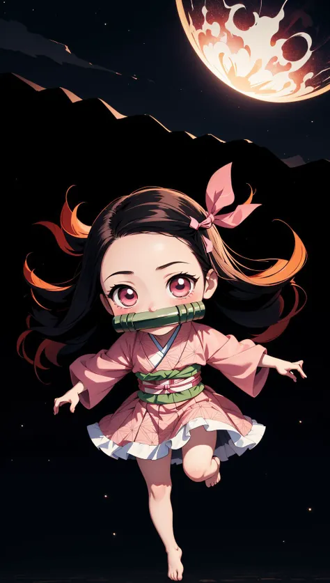 masterpiece, best quality, 1girl, <lora:kamado_nezuko_offset:0.8> kamado nezuko, bit gag, gagged, kimetsu no yaiba, chibi, jumping, night, dark background,