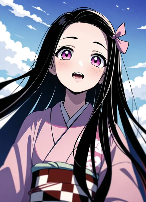 kamado nezuko, 1girl, black hair, forehead, hair ribbon, japanese clothes, kimono, long hair, multicolored hair, open mouth, pink eyes, pink kimono, pink ribbon, ribbon, very long hair, sky, ((masterpiece)) <lora:kamado_nezuko_offset:1>