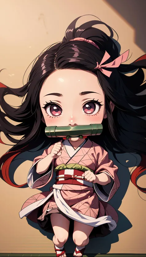 anime girl, black curly long hair, pink ribbon clip on hair, green bamboo mouth gag, kimono