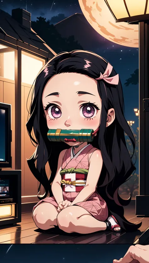masterpiece, best quality, 1girl, <lora:kamado_nezuko_offset:0.8> kamado nezuko, bit gag, gagged, kimetsu no yaiba, chibi, night, watching television, seiza, playing with own hair,