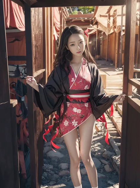 (8k, best quality, masterpiece:1.2), (realistic, photo-realistic:1.37), unity, an extremely delicate and beautiful, extremely detailed, Amazing, finely detail, official art, absurdres, incredibly absurdres, huge filesize, ultra-detailed, highres, extremely detailed, beautiful detailed girl, extremely detailed eyes and face, beautiful detailed eyes, light on face, nose brush, 1girl, petite, kamado nezuko, panic face, very long hair, ribbon, japanese clothes, full body, beautiful legs, slim legs, short socks, white socks, shiny skin, oily skin, pureerosface_v1