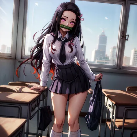 (anime style, best illustration), 1girl, <lora:nezukoDemonSlayerKimetsu_offset:1>, kamado nezuko, pink eyes, black hair, hair ribbon, pink ribbon, ribbon, long hair, multicolored hair, very long hair, bit gag, gagged, full body, sexy posing, standing, looking at viewer, (cleavage:0.5), (tie, schoolgirl uniform, long sleeve dress shirt, black pleated skirt, socks), (classroom:1.2), volumetric lighting, (depth of field:0.65)