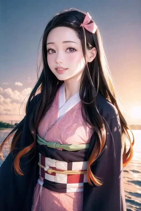 masterpiece, (photorealistic:1.5), realistic eyes, asian woman, best quality, beautiful lighting, professional lighting, photon mapping, radiosity, physically-based rendering,
kamado nezuko, 1girl, black hair, forehead, hair ribbon, japanese clothes, kimono, long hair, multicolored hair, open mouth, pink eyes, pink kimono, pink ribbon, ribbon, smile, very long hair, sky, ((aged up)),
(RAW photo, 8k uhd, film grain) <lora:kamado_nezuko_offset:1> <lora:japaneseDollLikeness_v10:0.3>