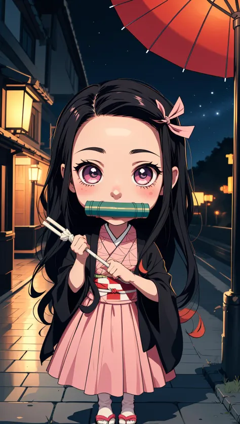 masterpiece, best quality, 1girl, <lora:kamado_nezuko_offset:0.8> kamado nezuko, bit gag, gagged, kimetsu no yaiba, chibi, night, holding umbrella