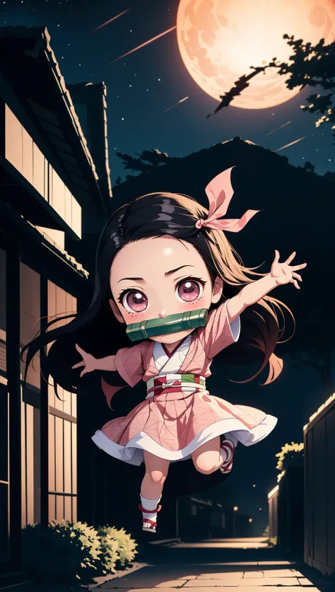 masterpiece, best quality, 1girl, <lora:kamado_nezuko_offset:0.8> kamado nezuko, bit gag, gagged, kimetsu no yaiba, chibi, jumping, night, flying kick,