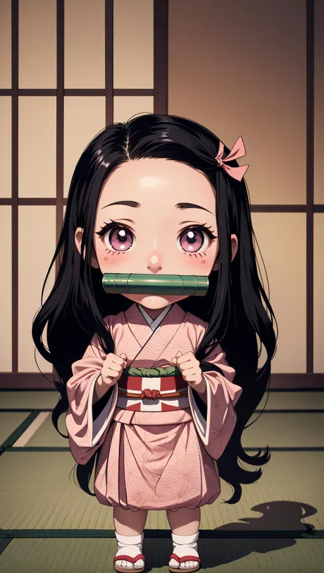 masterpiece, best quality, 1girl, <lora:kamado_nezuko_offset:0.8> kamado nezuko, bit gag, gagged, kimetsu no yaiba, seiza, tatami, chibi, standing,