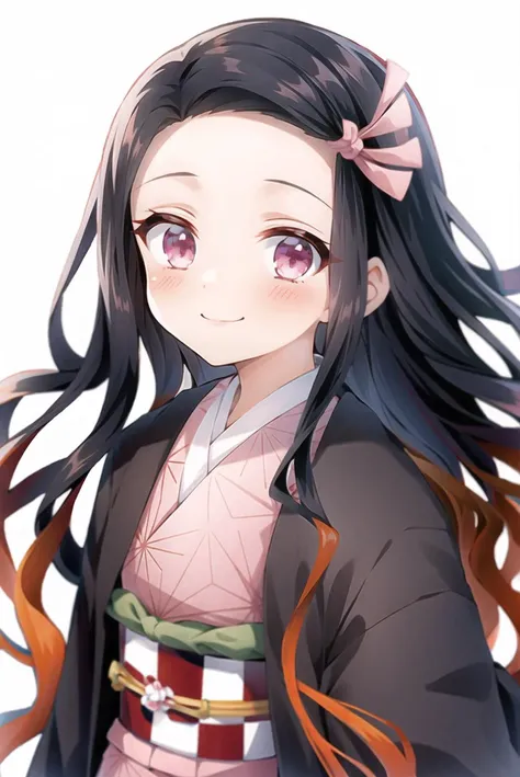 kamado nezuko, 1girl, black hair, closed mouth, forehead, hair ribbon, japanese clothes, kimono, long hair, multicolored hair, pink eyes, pink kimono, pink nails, pink ribbon, ribbon, simple background, smile, solo, very long hair, white background, ((masterpiece)) <lora:kamado_nezuko_offset:1>