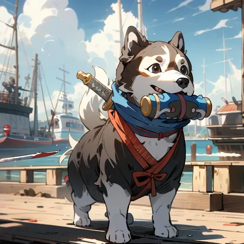 (masterpiece, best quality), <lora:dog_20230627135046:0.7>, dog, ninja dog, sword on back, blue ninja suit, wooden deck, harbour, biting scroll, bamboo scroll, gagged, <lora:kamado_nezuko_offset:0.5>