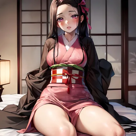 masterpiece, best quality, absurdres, <lora:nezukoDemonSlayerKimetsu_offset:0.8>, kamado nezuko, fullbody, sexy, deep eyes, asian woman, black hair, hair ribbon, japanese clothes, kimono, long hair, multicolored hair, pink eyes, pink kimono, pink ribbon, ribbon, geta, looking at viewer, (thicc), japanese bedroom, shiny skin, volumetric lighting, (depth of field:0.65)