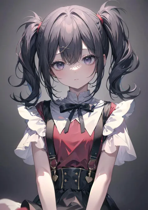 best quality, masterpiece, <lora:ame-chan:0.7>, ame-chan, suspenders, (red shirts), black ribbon, black skirt, simple background, looking at viewer