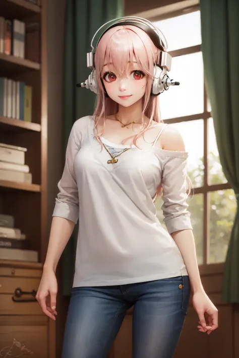 (masterpiece, best quality:1.2), <lora:super_sonico-10:1.0>, cowboy shot, solo, 1girl, super sonico, smile, looking at viewer, headphones, red eyes, off-shoulder shirt, jeans, pink bedroom, bookshelf, sparkles, plushies, window, light shaft