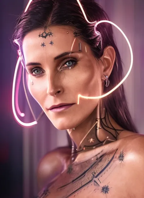 Detailed portrait cyberpunk (sks woman) (40 year old sks woman), futuristic neon reflective wear, sci-fi, robot parts, ismail inceoglu dragan bibin hans thoma greg rutkowski alexandros pyromallis nekro rene margitte illustrated, perfect face, ((tattoo)), (long hair),
matte skin, pores, wrinkles, hyperdetailed, hyperrealistic,
Moody Lighting, Hasselblad Award Winner, Soft Diffuse Lighting, Smirk,
machine face, fine details, realistic shaded, intricate, elegant,