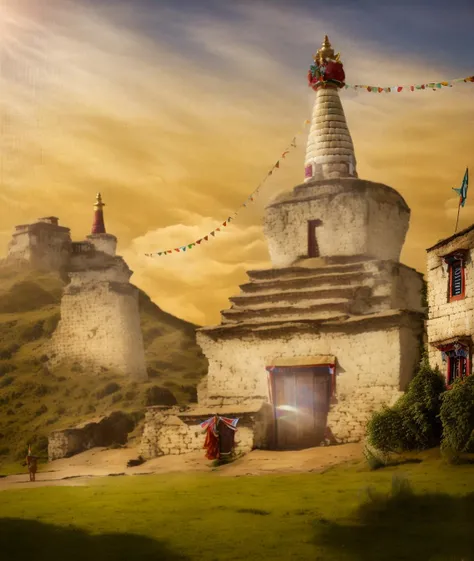 Tibetan architecture,clouds, windowsï¼doorï¼, colorful flags, grasslands, brick walls,flags,perspective, extremely detailed, high resolution, Photorealism, Realistic, day light, Temple<lora:Tibetan architecture:0.8>