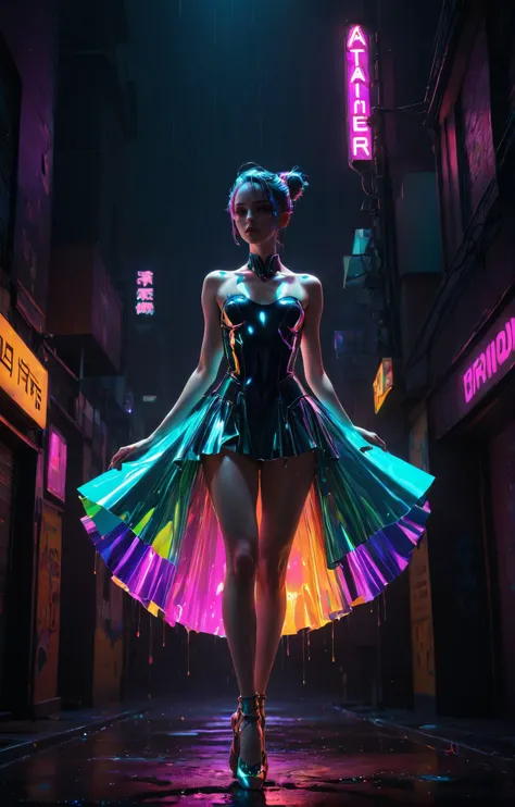 Neon noir, liqidsplash, Balletcore aesthetics, iridescent colors, stunning background. bathed in sunlight, a mesmerizing blend of light and shadow. masterpiece, absurdres, intricate details <lora:Liqidsplash:0.4>, Cyberpunk, dark, rainy streets, neon signs, high contrast, low light, vibrant, highly detailed