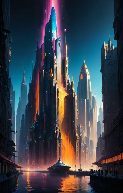 metropolis-themed, liqidsplash, Medieval aesthetics, vibrant colors, stunning background. bathed in sunlight, a mesmerizing blend of light and shadow. masterpiece, absurdres, intricate details <lora:Liqidsplash:0.45>, urban, cityscape, skyscrapers, modern, futuristic, highly detailed