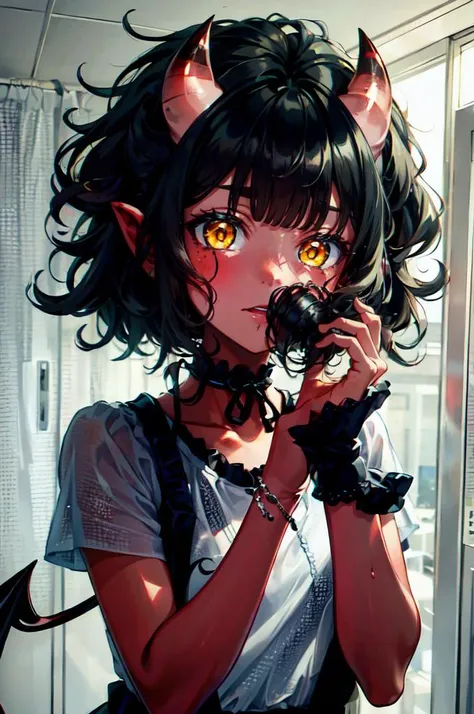 ultra detailed, masterpiece, best quality,
<lora:MeruSuccubus:0.8> merusuccubus, (red skin), colored skin, (yellow eyes,glowing eyes), horns, (demon tail), bangs, choker, <lora:naughty_to_nice_v2.5:3>
