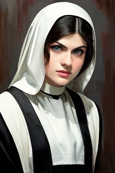photo of alexandradaddario, portrait of a beautiful women, big breasts, ((nun)), modelshoot style, (extremely detailed CG unity 8k wallpaper), full shot body photo of the most beautiful artwork in the world, professional majestic oil painting by Ed Blinkey, Atey Ghailan, Studio Ghibli, by Jeremy Mann, Greg Manchess, Antonio Moro, trending on ArtStation, trending on CGSociety, Intricate, High Detail, Sharp focus, dramatic, photorealistic painting art by midjourney and greg rutkowski, ((nsfw))