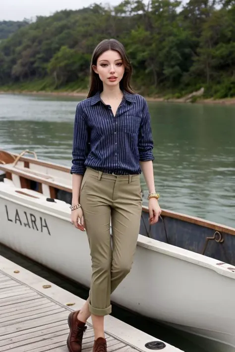 khaki pants, striped shirt, and boat shoes, , [Influencers Deluxe_Lara_Lang:0.15],