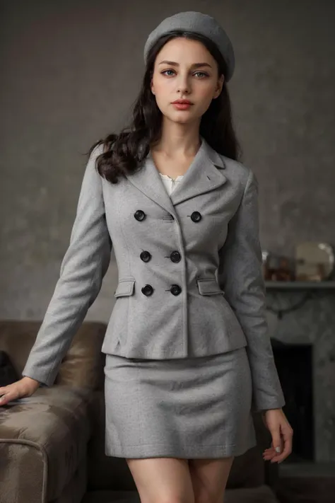 1940s Fashion, professional photo of 30yo woman in long grey skirt, coat ,beret, black details, clothing details, (shoes), (standing),4k, 8k, high quality, perfect lighting, detailed face and detailed eyes, skin detail,  solo focus, photography raw, (1940s living room background, frames ), perfect lighting,  clean smooth skin, looking at camera, detailed eyes, pretty face, full body standing,   <lora:1940sFashion-000002:0.6>,