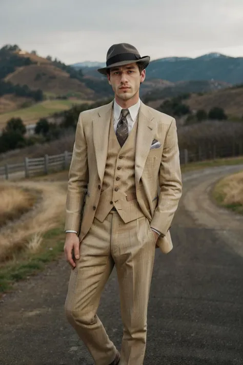 1940s Fashion, professional photo of thin 24yo (man) in creme suit jacket with hat and vest, 4k, 8k, high quality, perfect lighting, detailed face and detailed eyes, skin detail,  solo focus, photography raw, ((outside)) hills, perfect lighting,  clean smooth skin, full body, looking at camera, detailed eyes, pretty face, full body standing, photoshoot, <lora:1940sFashion-000002:0.7>