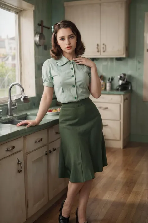 1940s Fashion, professional photo of 30yo woman in green skirt, hair deco, baret, details, clothing details, (shoes), (standing),4k, 8k, high quality, perfect lighting, detailed face and detailed eyes, skin detail,  solo focus, photography raw, (1940s kitchen background, ), perfect lighting,  clean smooth skin, looking at camera, detailed eyes, pretty face, full body standing,   <lora:1940sFashion-000002:0.6>