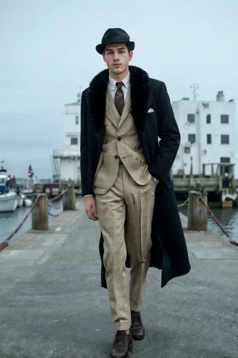 1940s Fashion, professional photo of thin 24yo ((man)) in plaid suit with hat, fur, 4k, 8k, high quality, perfect lighting, detailed face and detailed eyes, skin detail,  solo focus, photography raw, ((outside)) in front of white wall in docks, perfect lighting,  clean smooth skin, full body, looking at camera, detailed eyes, pretty face, full body standing, photoshoot, <lora:1940sFashion-000002:0.7>