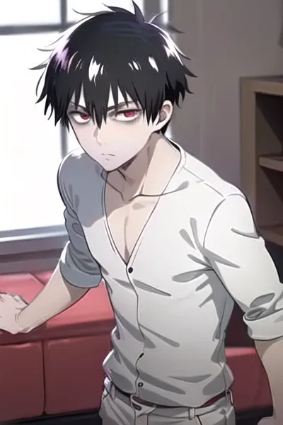 StazChar, 1boy, red eye, bishounen, ultra-detailed, shor hair, handsome, amazing, masterpiece, long white pants, black hair, 20 y.o boy, StazChar HD, expressionless, broad chest,