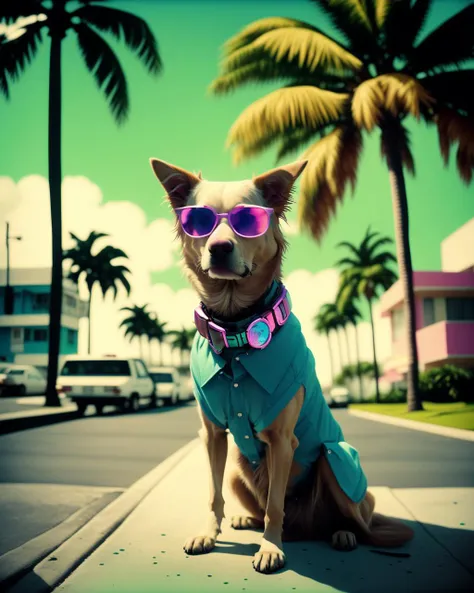 a dog wearing glasses and a blue shirt and a collar is standing on a sidewalk with palm trees in the background, Elke Vogelsang, retrowave, a character portrait, neo-fauvism, vaporwave