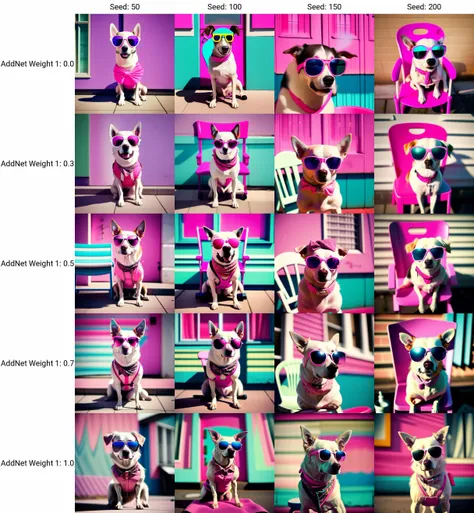 a dog wearing sunglasses and a bandana sitting on the ground outside a building with a pink chair in the background, Elke Vogelsang, retrowave, a stock photo, maximalism