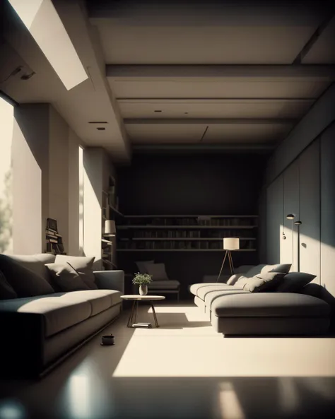 a room with a lot of windows and a table in it with a lamp on it and a couch, David Garner, vray render, a tilt shift photo, modernism